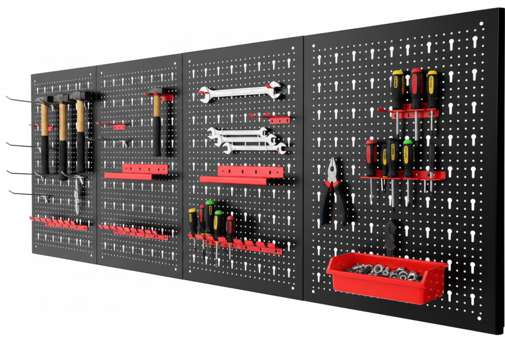 Panel perforado modular con accesorios rojos RIGEL