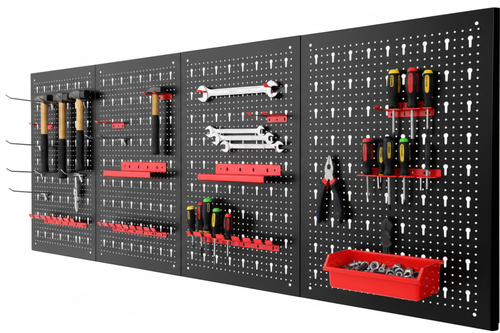 Panel perforado modular con accesorios rojos RIGEL